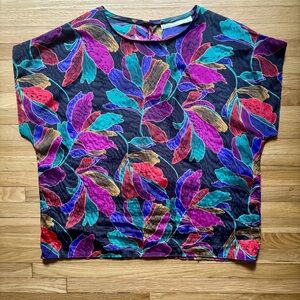 Vintage 90s Floral Shirt Large Womens Black w/ Multicolor Flower Tropical Retro